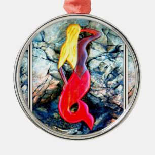 blonde zeemeermin in rood metalen ornament