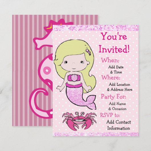  Blonde Zeemeermin Verjaardagsfeestje Uitnodiginge Kaart (Voorkant / Achterkant)