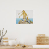 Blonde zeemeermin zit op zee rots, zijkant uitzich poster (Keuken)