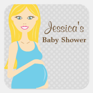 Blonde zwangere vrouw in blauw Baby shower Vierkante Sticker