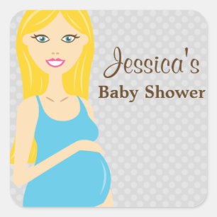 Blonde Zwangere Vrouw In Blauwe Jurk Baby Shower Vierkante Sticker