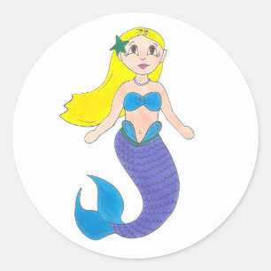 Blonde zwemmermaïd meisje Paarse tail Zee oceaan Ronde Sticker