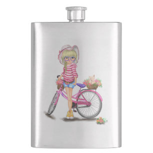 Blondekolf met roze bike en kat in bloemen flacon