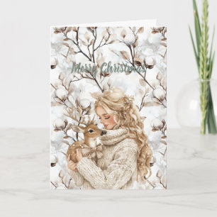 Blondharig meisje met hert kerst kaart