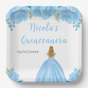 Blondharige Prinses Blauwe Bloemige Quinceanera Papieren Bordje