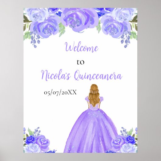 Blondharige Prinses Paarse Quinceanera Welkom Poster (Voorkant)