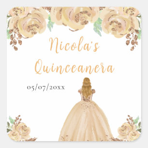 Blondharige Prinses Peach Bloemige Quinceanera Vierkante Sticker