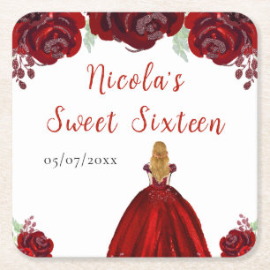 Blondharige Prinses Rode Bloemen Sweet Sixteen Kartonnen Onderzetters