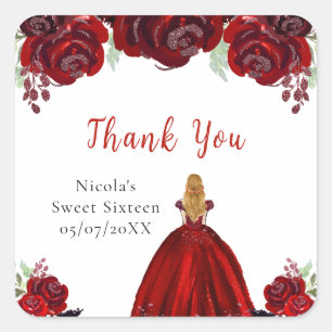 Blondharige Prinses Rood Bloemig Sweet Sixteen Vierkante Sticker