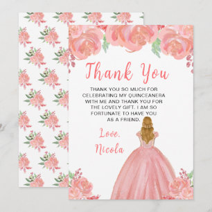 Blondharige Prinses Roze Bloemige Quinceanera Bedankkaart