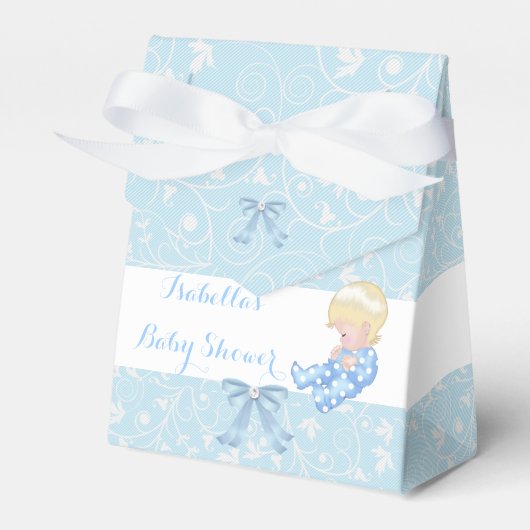 Blondine Boy Baby shower Blauw Schattige Baby Favo Bedankdoosjes (Voorkant Zijde)