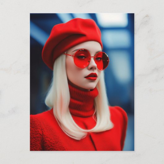 Blondine dame in rood briefkaart (Voorkant)