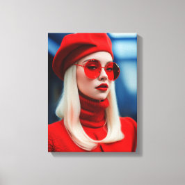 Blondine dame in rood canvas afdruk