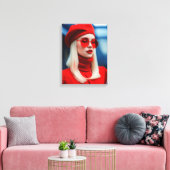 Blondine dame in rood canvas afdruk (Insitu (Woonkamer))