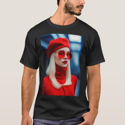 Blondine dame in rood t-shirt (Voorkant)