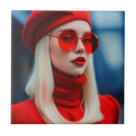 Blondine dame in rood tegeltje