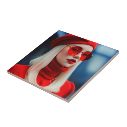 Blondine dame in rood tegeltje (Zijkant)