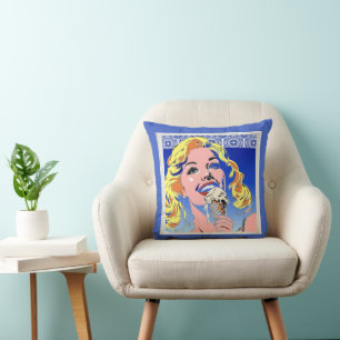 Blondine die ijs eet Kleurrijke Pop Art-stijl uit Kussen