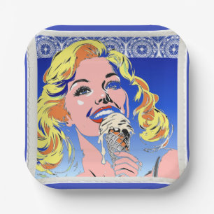 Blondine die ijs eet Kleurrijke Pop Art-stijl uit Papieren Bordje