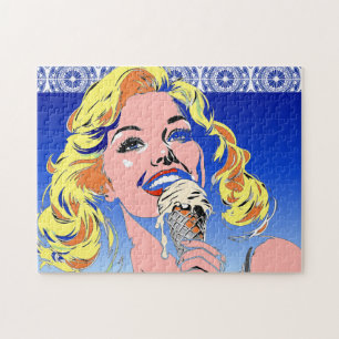 Blondine die ijs eet Kleurrijke popartstijl uit de Legpuzzel