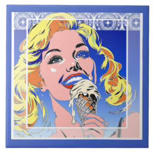 Blondine die ijs eet Kleurrijke popartstijl uit de Tegeltje