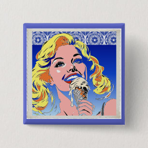 Blondine die ijs eet Kleurrijke popartstijl uit de Vierkante Button 5,1 Cm