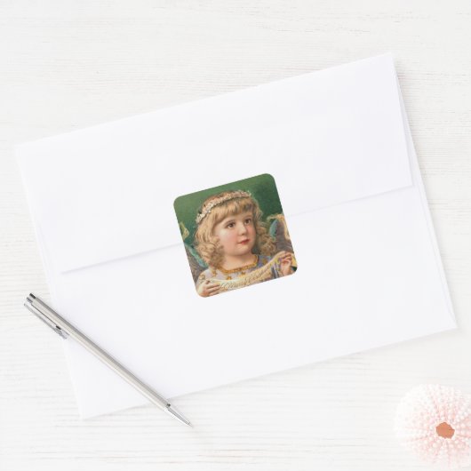 Blondine Engel met Kerstmis Banner Vierkante Sticker (Envelop)