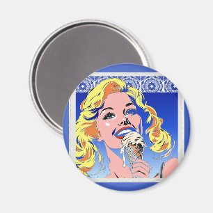 Blondine Ijs Eet Kleurrijke 60s Pop Art Stijl Magneet
