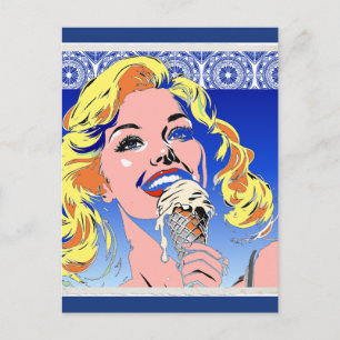 Blondine Ijs Eet Kleurrijke Pop Art Stijl Jaren 60 Briefkaart