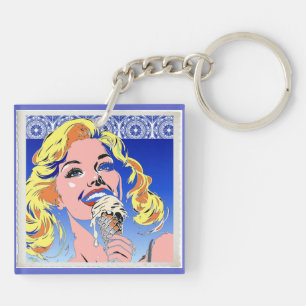 Blondine Ijs Eet Kleurrijke Pop Art Stijl Jaren 60 Sleutelhanger