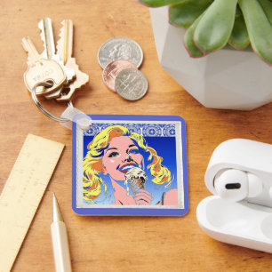 Blondine Ijs Eet Kleurrijke Pop Art Stijl Jaren 60 Sleutelhanger
