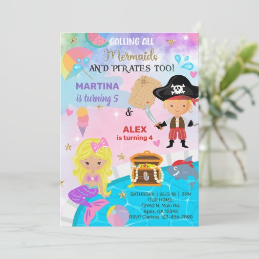 Blondine Pirate & Zeemeermin broers en zussen verj Kaart (Staand voorkant)