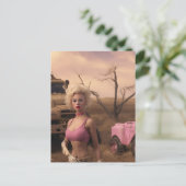 Blondine pop in roze post apocalyptisch briefkaart (Staand voorkant)