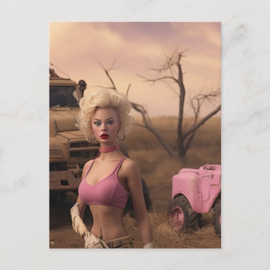 Blondine pop in roze post apocalyptisch briefkaart (Voorkant)