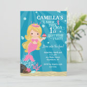 Blondine Zeemeermin 1E Verjaardag Uitnodiging (Staand voorkant)