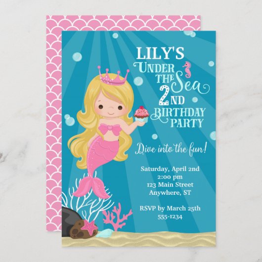 Blondine Zeemeermin 2E Verjaardag Uitnodiging (Voorkant / Achterkant)
