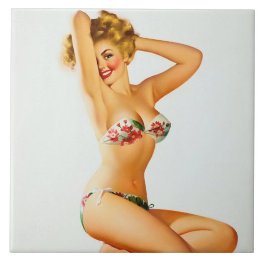Blondje in bikini pin-up tegeltje (Voorkant)