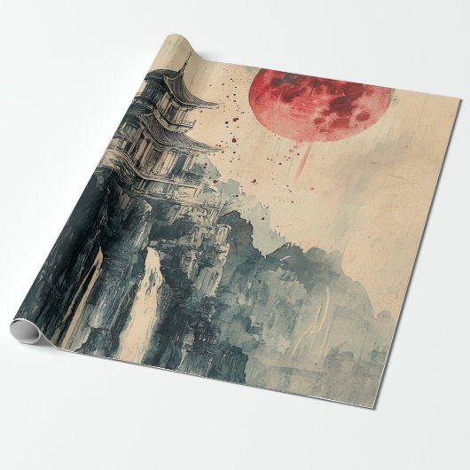 Blood Moon Pagoda Inkwash Cadeaupapier (Uitgerold)