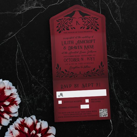 Blood Red Black Raven Monogram Gothic Wedding All In One Uitnodiging
