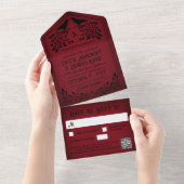 Blood Red Black Raven Monogram Gothic Wedding All In One Uitnodiging (Afscheurbaar)