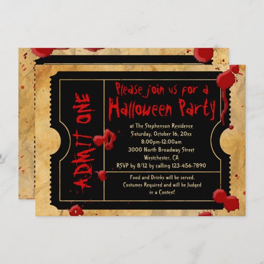 Blood Splatter Halloween Party Ticket Kaart (Voorkant / Achterkant)