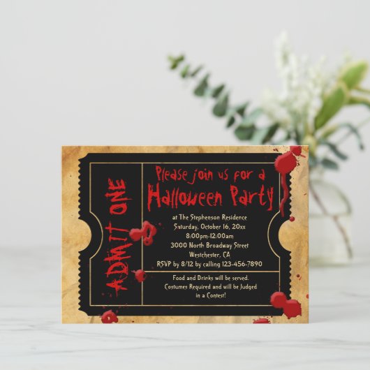 Blood Splatter  Halloween Party Ticket Kaart (Staand voorkant)