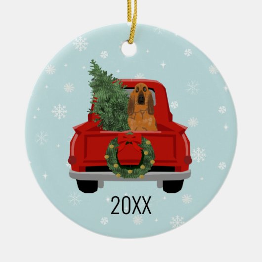Bloodhound Dog Kerstrode truck Keramisch Ornament (Voorkant)