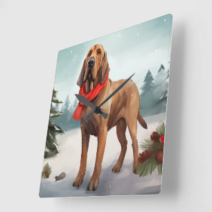 Bloodhound-hond in de sneeuw met Kerstmis Vierkante Klok