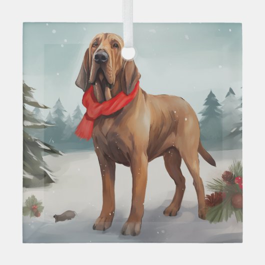 Bloodhound Hond in Sneeuw Kerstmis Glas Ornament (Voorkant)
