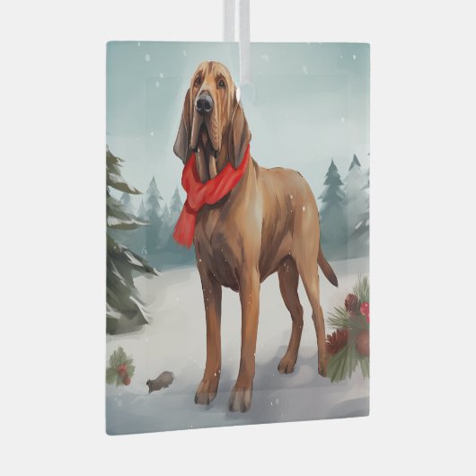 Bloodhound Hond in Sneeuw Kerstmis Glas Ornament (Voorkant Rechts)