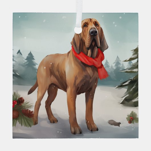 Bloodhound Hond in Sneeuw Kerstmis Glas Ornament (Achterkant)