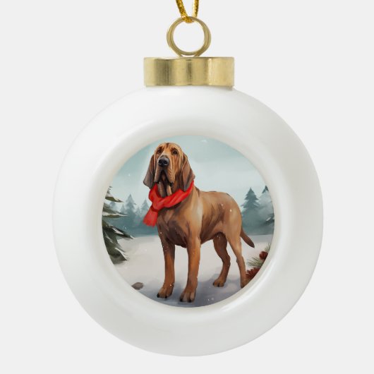 Bloodhound Hond in Sneeuw Kerstmis Keramische Bal Ornament (Voorkant)