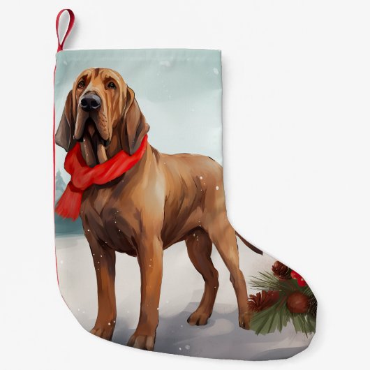 Bloodhound Hond in Sneeuw Kerstmis Kleine Kerstsok (Voorkant)