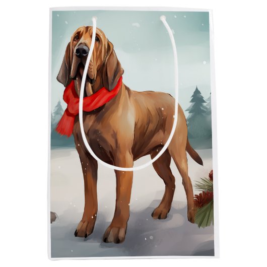Bloodhound Hond in Sneeuw Kerstmis Medium Cadeauzakje (Voorkant)